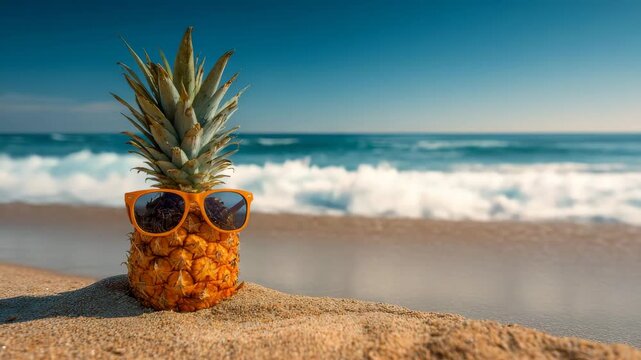 Pineapple wearing sunglasses relaxing on beach at ocean