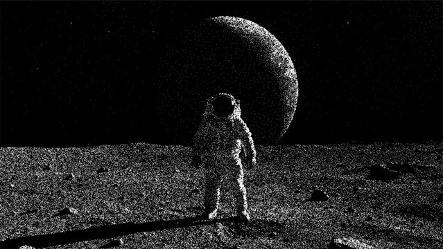 Astronaut standing on the moon surface with a large planet in the dark sky. Space exploration and cosmic adventure concept. Minimalist pointillism style artistic digital illustration.