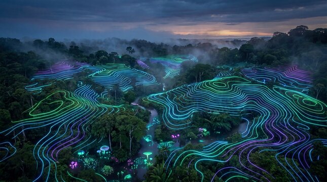 Topographic Neon Lines Over Lush Tropical Rainforest
