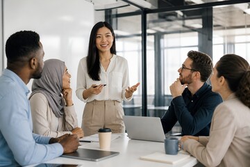 Fototapeta premium Confident Asian Female Leader Presenting to Diverse Business Team in Modern Office