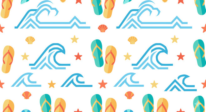 summer beach waves shells starfish flip flops pattern