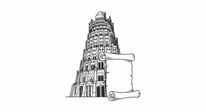 Ancient tower structure with a blank scroll to the side