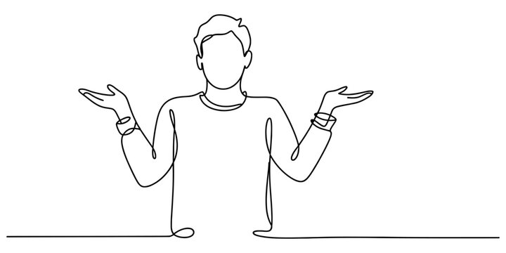 Continuous single line drawing of a man shrugging his shoulders with a confused expression showing he does not know the answer to a question Vector, illustration