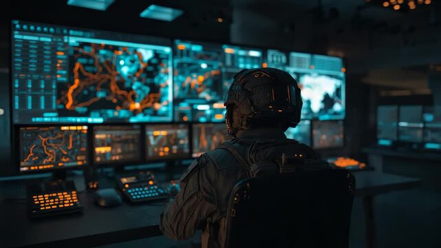 Military command center operator monitoring digital maps and surveillance screens in dark control room with tactical security technology