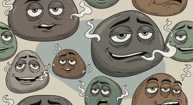 Cartoon rocks with faces exhaling smoke in a psychedelic pattern
