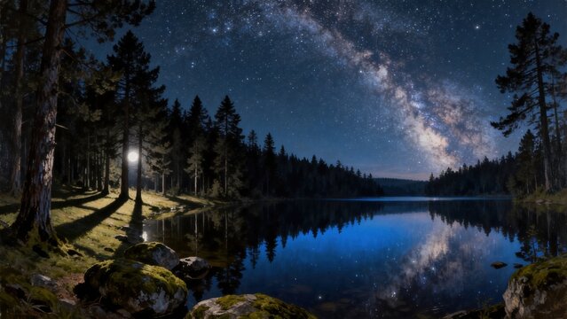 Night sky with stars and forest lake