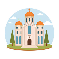 Fototapeta premium Cartoon church illustration with orange domes and green trees against blue sky