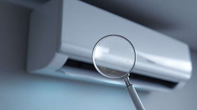 Magnifying Glass Reveals Dust and Impurities on Air Conditioner Unit, Highlight Pollen and Microbes for Maintenance and Cleanliness Concepts