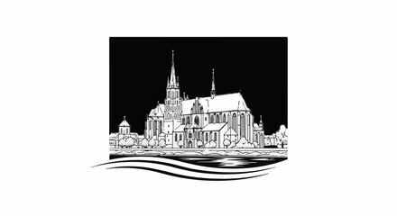 Obraz premium Detailed ink sketch of a Gothic cathedral with spires along a riverbank