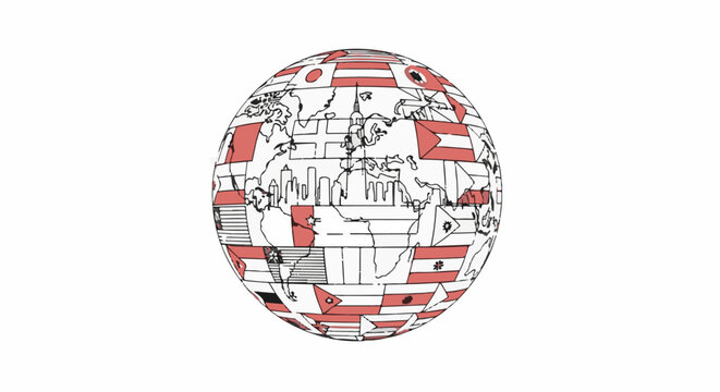 A globe with a mosaic of world flags and city skylines