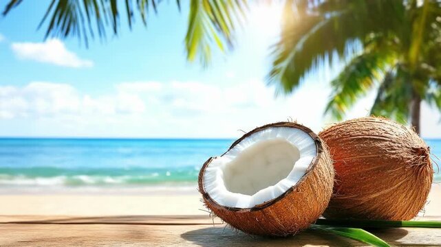 Tropical beach scene with fresh coconuts and palm trees by the ocean