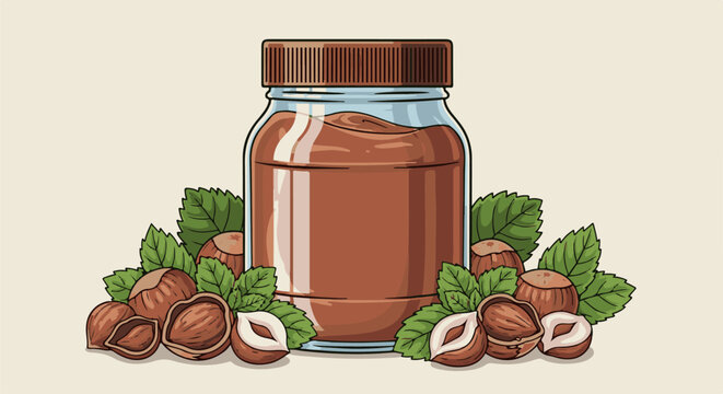 A jar of chocolate spread with hazelnuts and leaves