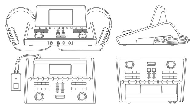 Audiometer technical drawing blueprint with front side back and top views CAD line art vector illustration