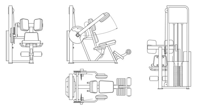Ab crunch machine technical drawing blueprint with front side back and top views CAD line art vector illustration