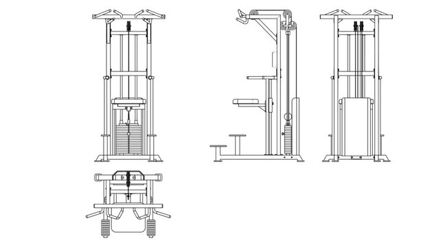 Assisted pull up machine technical drawing blueprint with front side back and top views CAD line art vector illustration