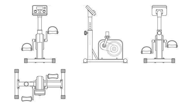 Arm ergometer technical drawing blueprint with front side back and top views CAD line art vector illustration