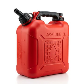 Professional studio product shot of a durable red fuel container featuring clear volume markers and safety symbols.