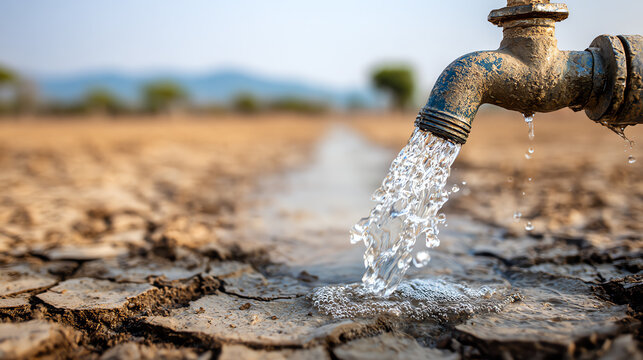 Water flows from a tap onto dry, cracked earth, showcasing drought.