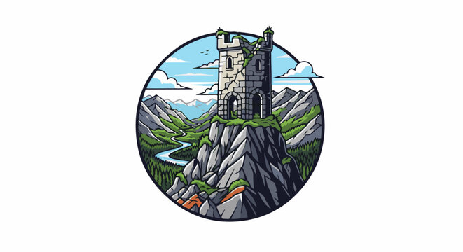 Ruined stone tower atop a rocky mountain in a lush green valley