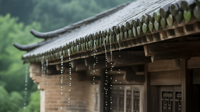 Rain water drips from the traditional tiled roof of an ancient house in the rural villages of Northeast Jiangxi in China during a quiet and peaceful summer afternoon. 