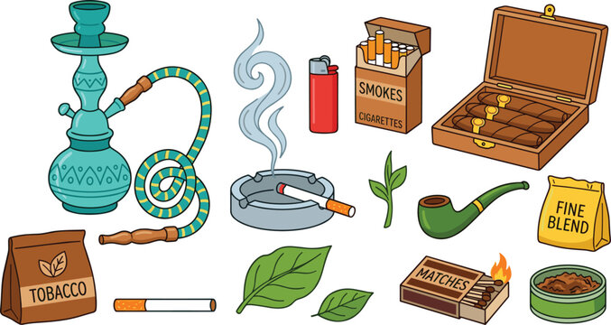 Vintage Tobacco and Smoking Elements Collection Vector Illustration Set with Hookah Cigarette Pipe Lighter and Accessories