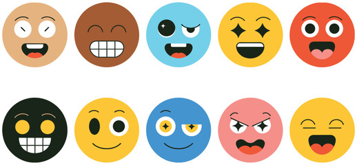 Fototapeta premium Vintage style emoji face icon set, retro colorful emoticons with multiple emotional expressions, flat vector illustration design, clean UI elements for messaging apps, user feedback, and digital