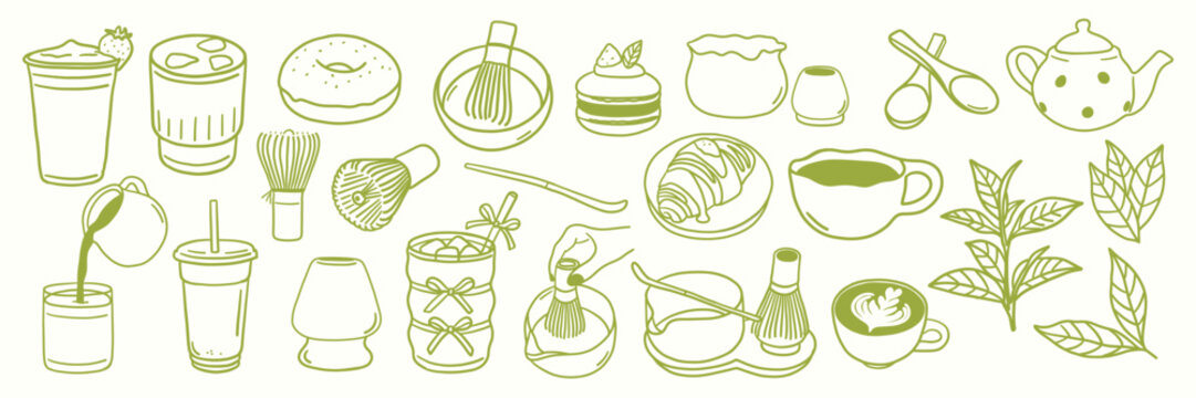 Matcha doodle set with cozy caf&eacute; elements. Hand drawn whimsical matcha latte, whisk, teapot, pastries, desserts, tea leaves and aesthetic breakfast items. Minimal matcha clipart bundle. 
