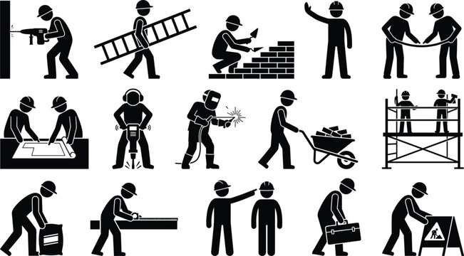 Construction worker activities silhouette icon set featuring drilling bricklaying welding scaffolding heavy labor tools and site work