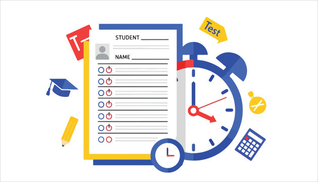 Illustration of a student test paper with an alarm clock, graduation cap, and calculator, symbolizing exams and academic assessment.
