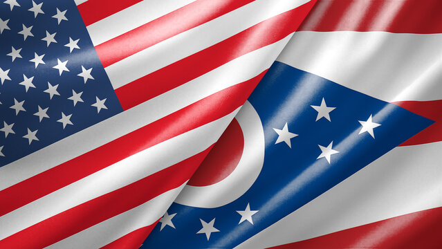 USA and Ohio Flags - Waving Fabric, Dual Flag 3D Render