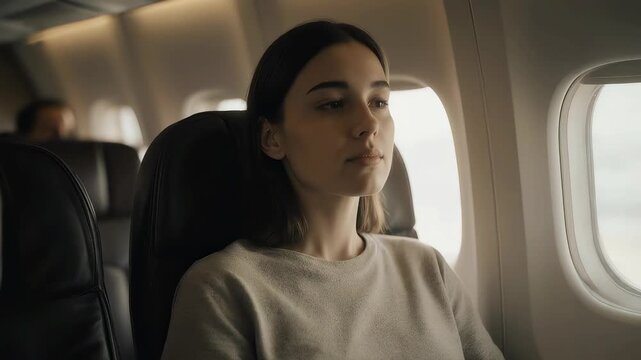 A young woman with dark hair sits quietly by a plane window, eyes closed, appearing calm and reflective during the flight in a cozy, subdued cabin
