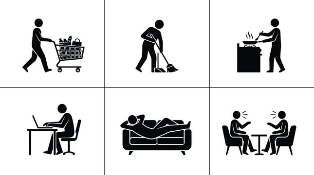 Daily lifestyle activities silhouette set including shopping cleaning cooking working resting and conversation scenes vector collection