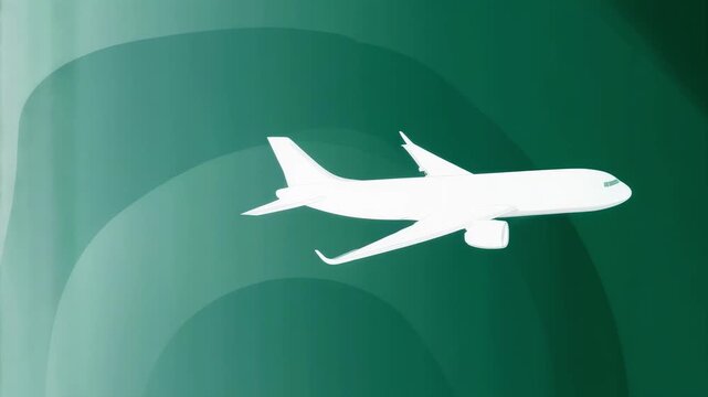 A white airplane silhouette flies across a stylized green sky backdrop with abstract layered shapes, evoking a modern, minimalist aerial scene