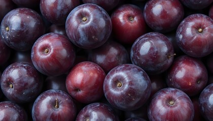 Fototapeta premium Heap of ripe plums isolated on transparent background (PNG), fresh dark purple fruits with natural bloom and subtle highlights, rich juicy texture, vibrant summer harvest look, high detail, realist