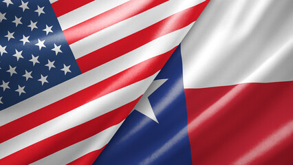 Fototapeta premium USA and Texas Flags - Waving Fabric, Dual Flag 3D Render