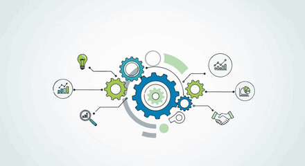 Fototapeta premium Business process flow diagram with gears, graphs, lightbulb, and handshake