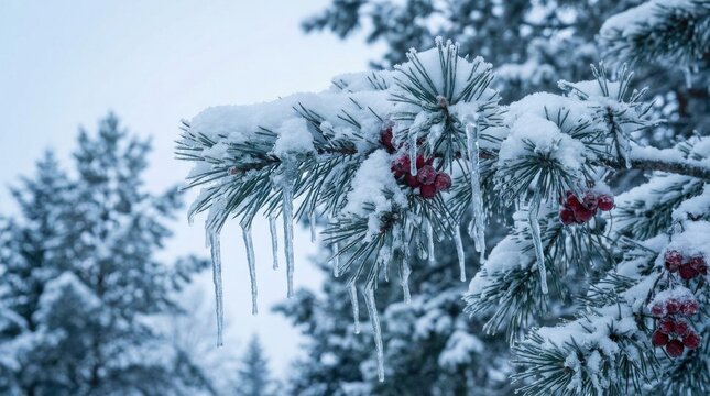 A detailed closeup of pine needles covered in thick white snow with hanging icicles and red berries.