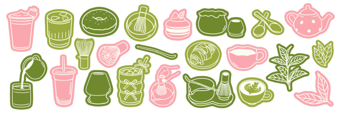 Matcha doodle sticker set. Hand drawn whimsical matcha latte, whisk, teapot, pastries, desserts, tea leaves. 