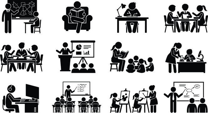 Education activities silhouette icons set featuring classroom teaching studying group discussion presentations online learning and school training scenes