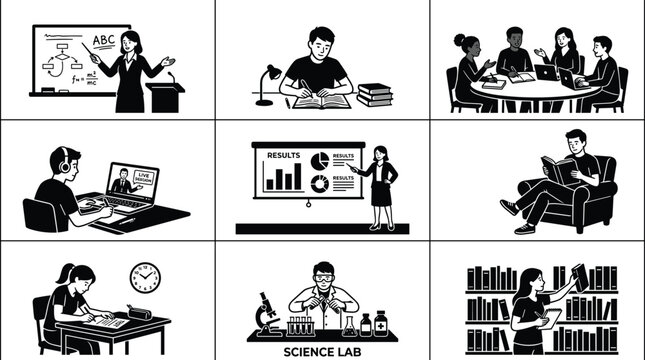 Education and learning activities silhouette set featuring classroom teaching studying online classes research reading and science lab work