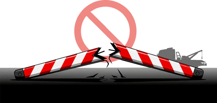 Broken caution barrier with prohibition sign and tow truck shadow