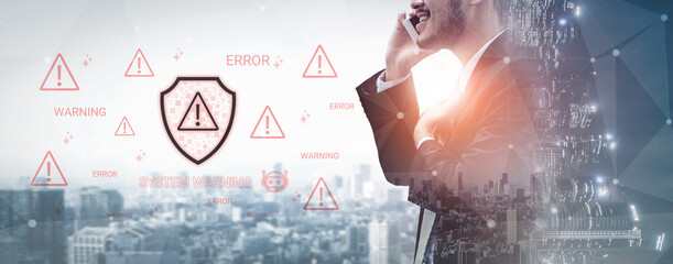 A businessman engaged in a phone call stands against a city skyline, surrounded by digital warning symbols, highlighting the importance of cybersecurity and risk management in modern business. Cyphers © InfiniteFlow