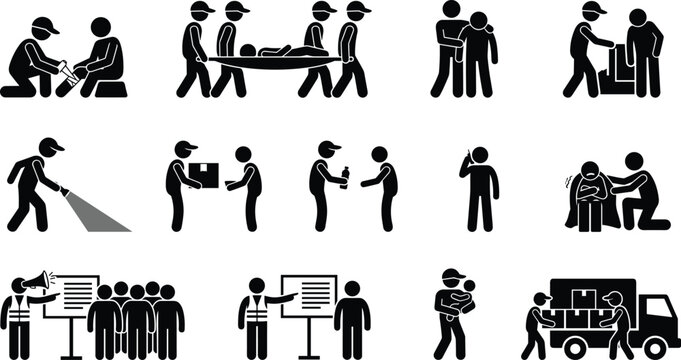 Emergency response and rescue operations silhouette icon set featuring first aid evacuation support communication and disaster relief