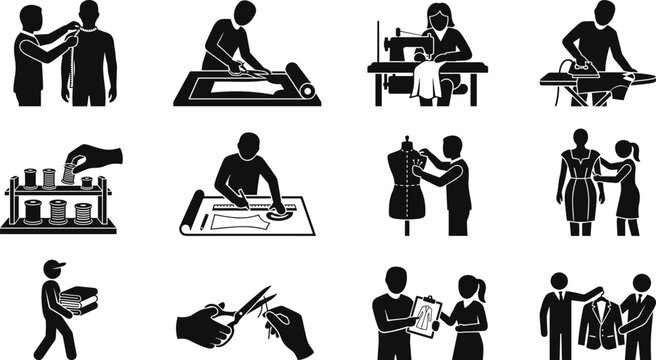 Fashion tailoring and garment production silhouette set, measuring, cutting, sewing, ironing, fitting clothes professional workflow vector icons