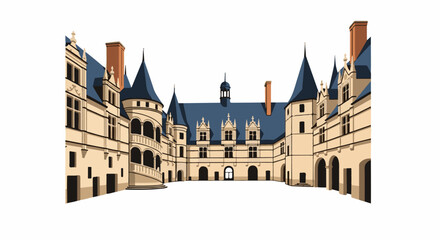 Obraz premium A stylized, flat-design illustration of a grand courtyard within a medieval castle