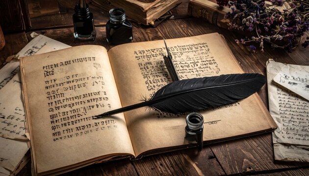 A feathered quill pen poised over an ancient open vellum book filled with script, ready for writing.