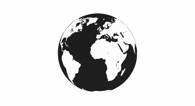 Black and white stylized depiction of planet Earth, showing continents and oceans