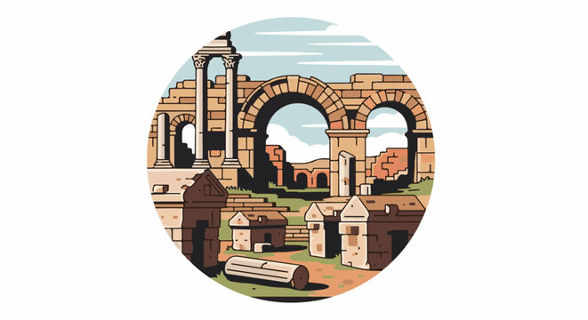 Ancient ruins with arched doorways, columns, and stone structures