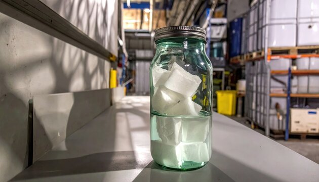 Chunks of White Phosphorus Submerged in Liquid Within a Thick Glass Jar in a Warehouse Setting