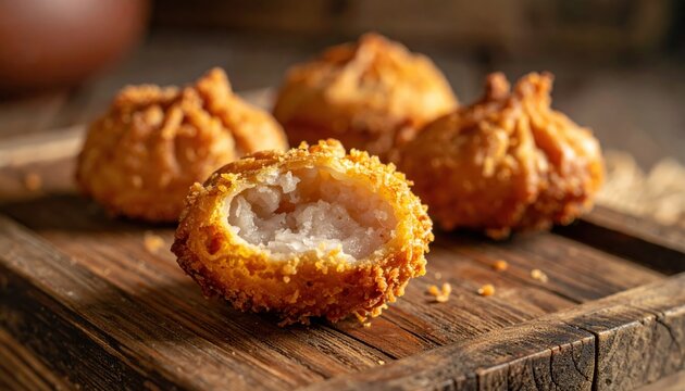 Crispy Golden Fried Taro Dumplings, a Delicious Asian Appetizer with a Savory Filling on a Rustic Wooden Tray